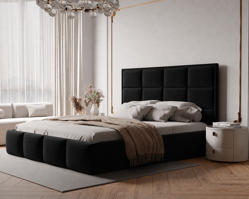 Łóżko tapicerowane NUVELLO z pojemnikiem na pościel 140x200 cm czarne Magic Velvet 2219 Łóżko tapicerowane NUVELLO z pojemnikiem na pościel 140x200 cm czarne Magic Velvet 2219