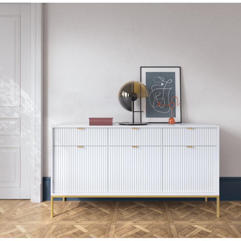 Komoda Linea 154 cm do salonu sypialni biała złoty stelaż Komoda Linea 154 cm do salonu sypialni biała złoty stelaż
