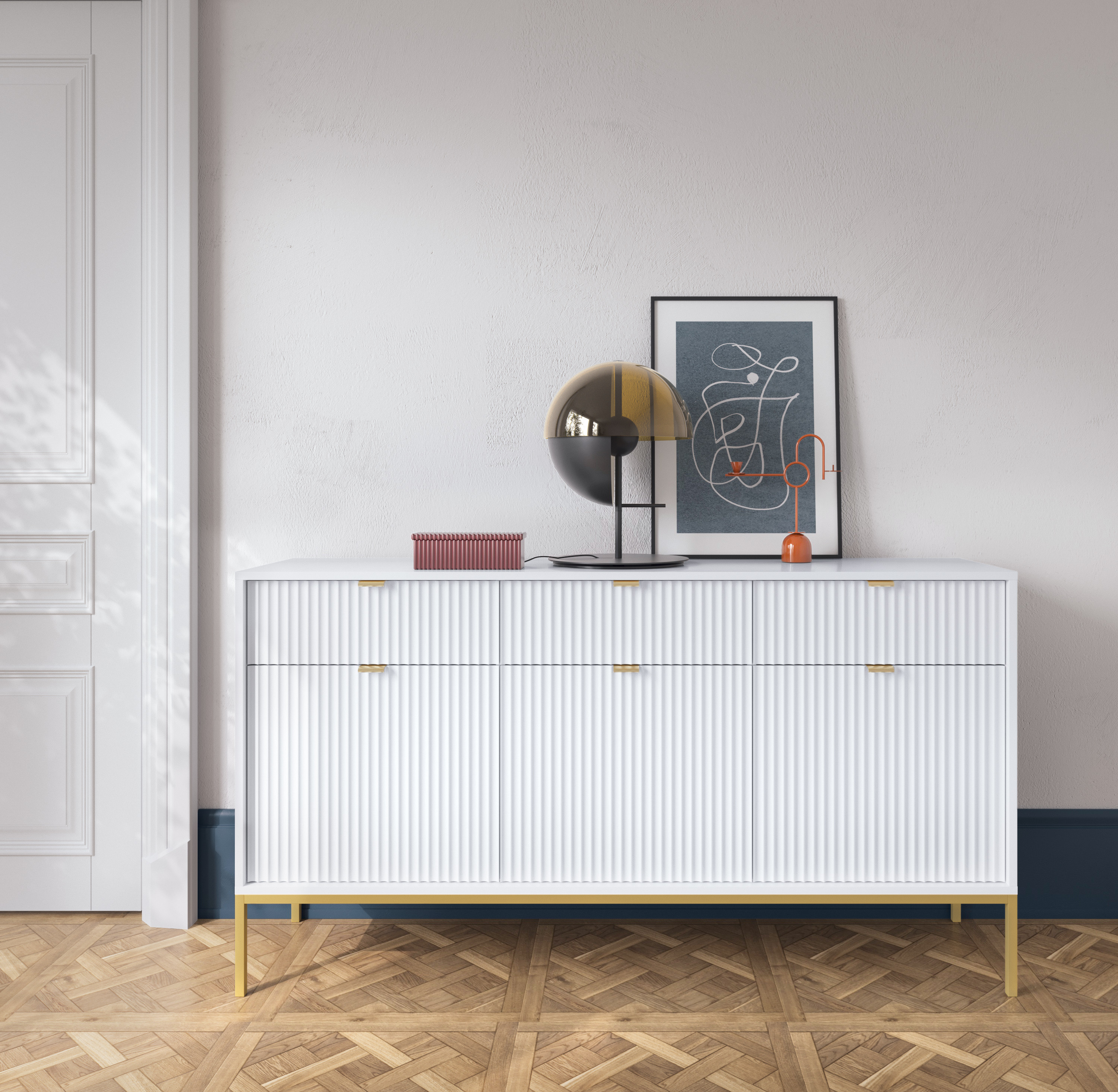 Komoda Linea 154 cm do salonu sypialni biała złoty stelaż Komoda Linea 154 cm do salonu sypialni biała złoty stelaż