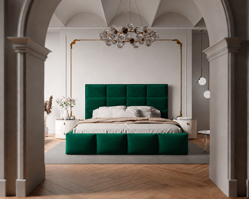 Łóżko tapicerowane NUVELLO z pojemnikiem na pościel 180x200 cm butelkowa zieleń Magic Velvet 2225 Łóżko tapicerowane NUVELLO z pojemnikiem na pościel 180x200 cm butelkowa zieleń Magic Velvet 2225