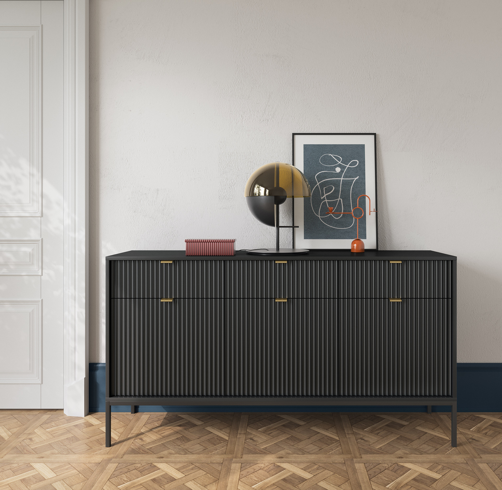 Komoda Linea 154 cm do salonu sypialni czarna czarny stelaż