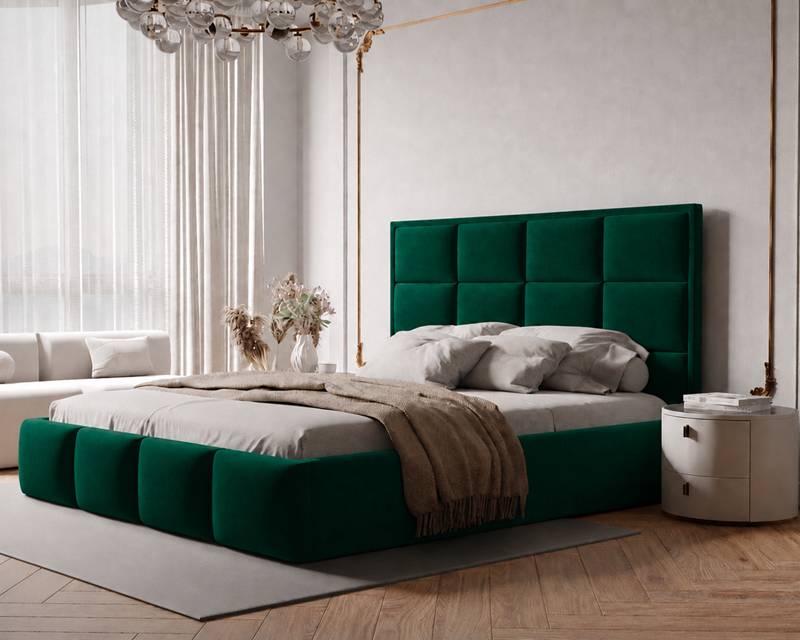 Łóżko tapicerowane NUVELLO z pojemnikiem na pościel 200x200 cm butelkowa zieleń Magic Velvet 2225 Łóżko tapicerowane NUVELLO z pojemnikiem na pościel 200x200 cm butelkowa zieleń Magic Velvet 2225